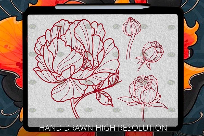 40个牡丹花纹身图案｜Procreate笔刷详情图 11