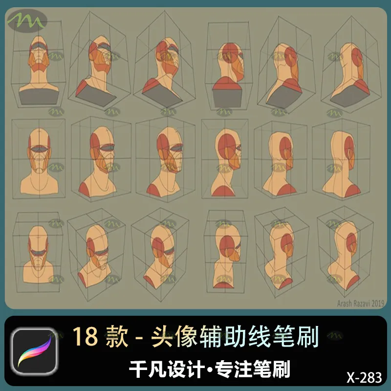 18个男女头像多角度辅助线｜Procreate笔刷