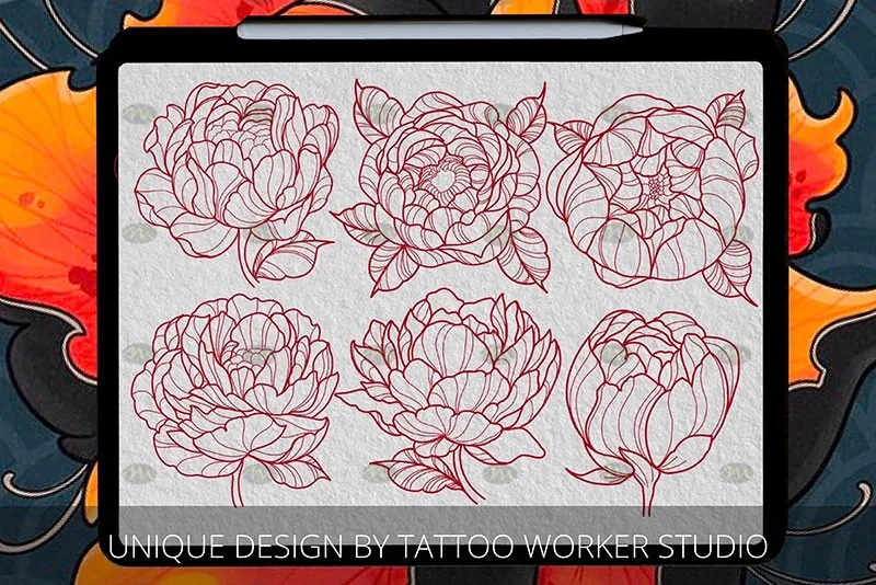 40个牡丹花纹身图案｜Procreate笔刷详情图 7