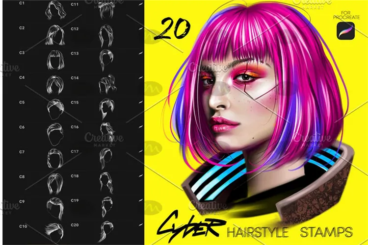 Cyber_20个赛博朋克插画风格头发发型｜Procreate笔刷详情图 8