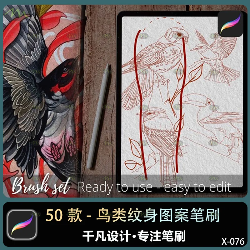 50个鸟类纹身图案｜Procreate笔刷
