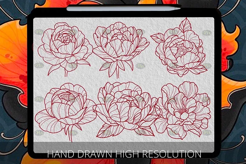 40个牡丹花纹身图案｜Procreate笔刷详情图 8