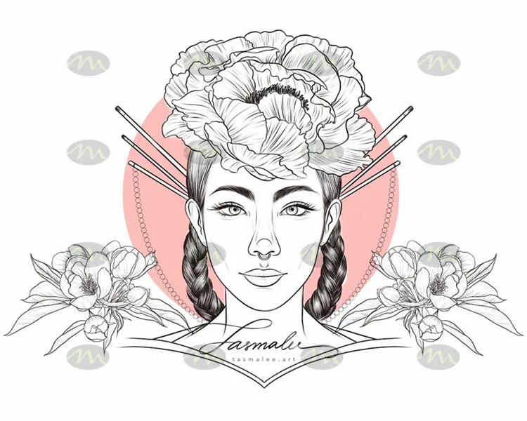 花朵人物国风素描图案｜Procreate笔刷详情图 6