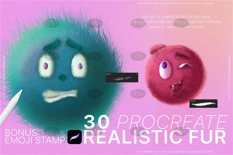 30个卡通emoji表情动物毛发｜Procreate笔刷详情图 11
