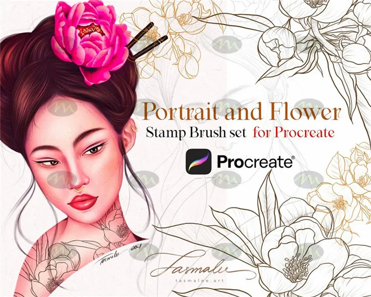 花朵人物国风素描图案｜Procreate笔刷详情图 12