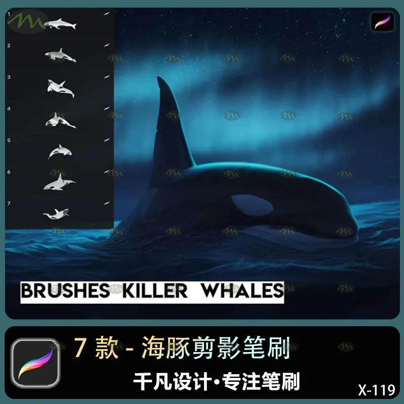 7个海豚剪影｜Procreate笔刷