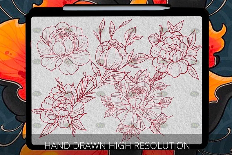 40个牡丹花纹身图案｜Procreate笔刷详情图 9