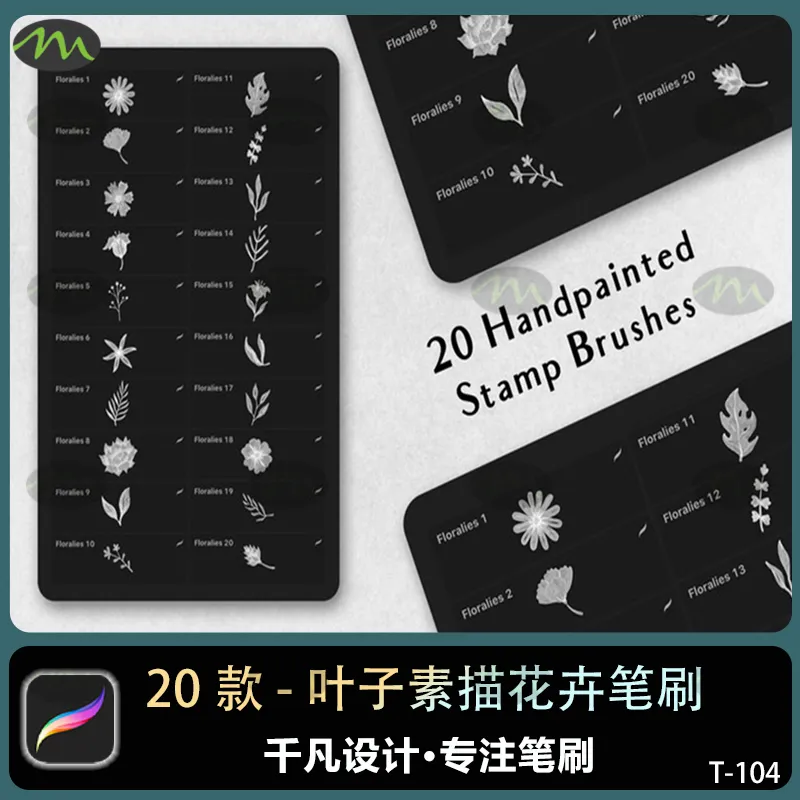 20个叶子描边素描花卉剪影图案｜Procreate笔刷
