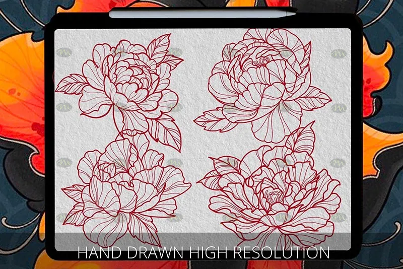 40个牡丹花纹身图案｜Procreate笔刷详情图 10