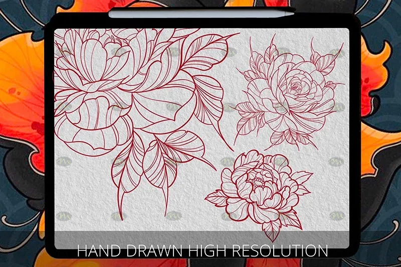 40个牡丹花纹身图案｜Procreate笔刷详情图 12