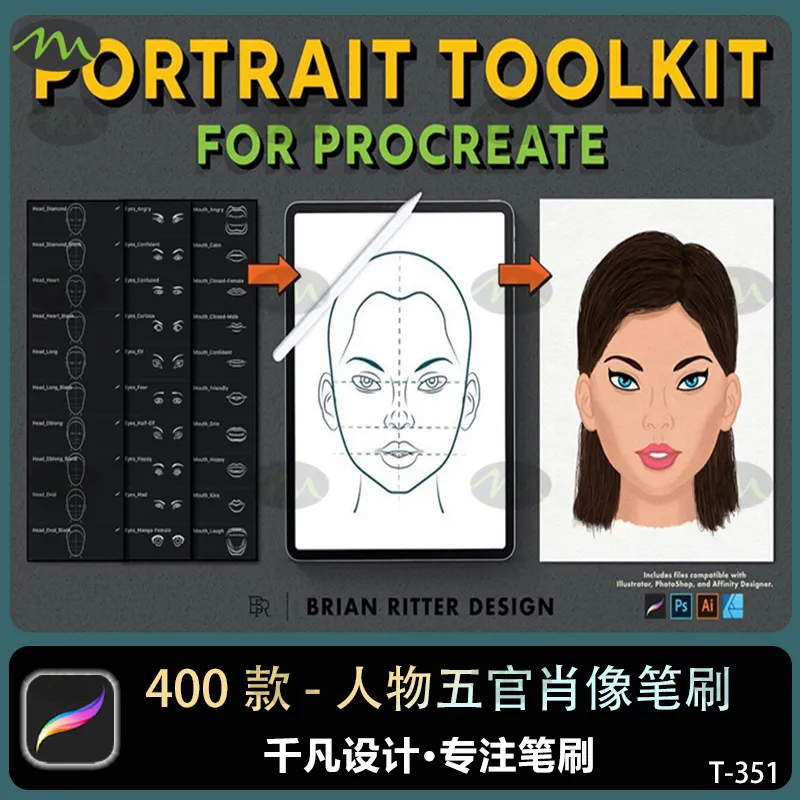 眼睛嘴巴鼻子脸型耳朵五官肖像人物绘画插画模板箱以及｜Procreate笔刷
