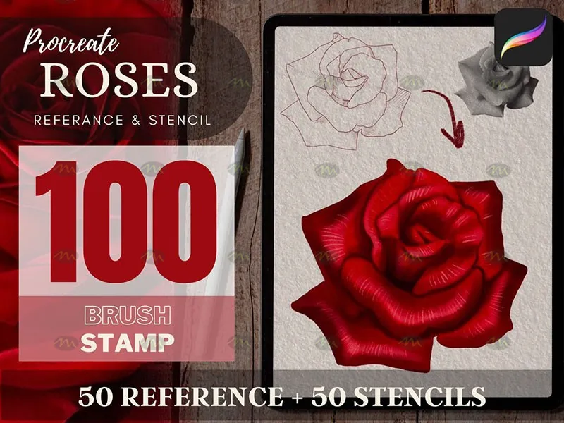 100个玫瑰花纹身图案｜Procreate笔刷详情图 11